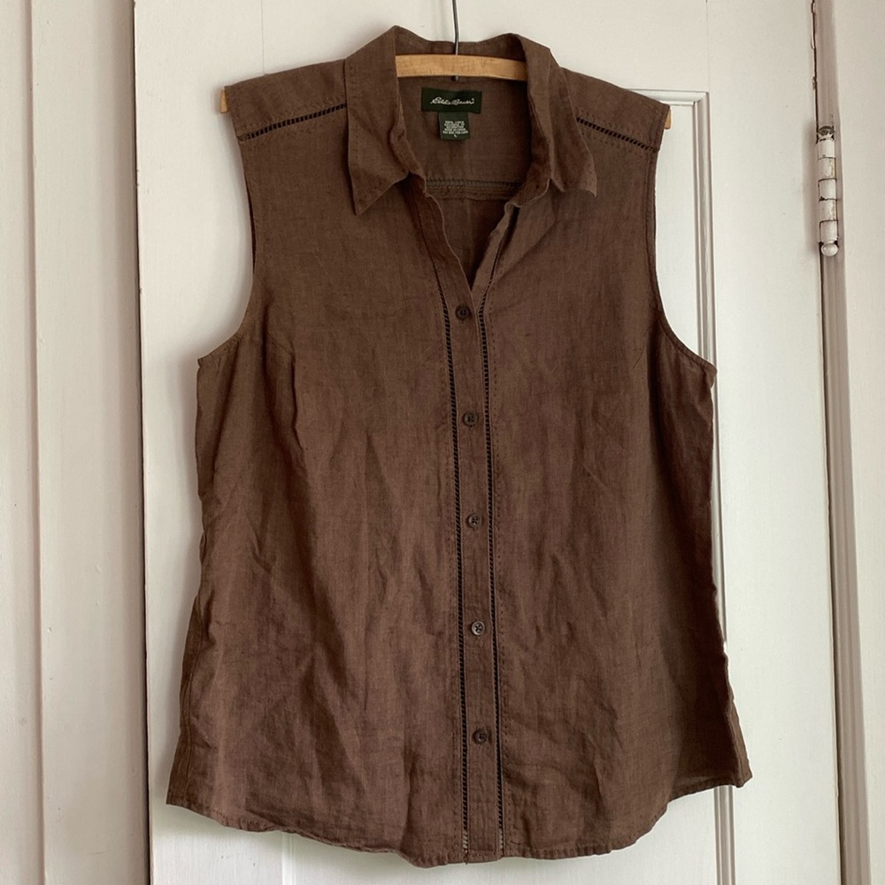 100% Linen Y2K Brown Tank Top Vest - Large